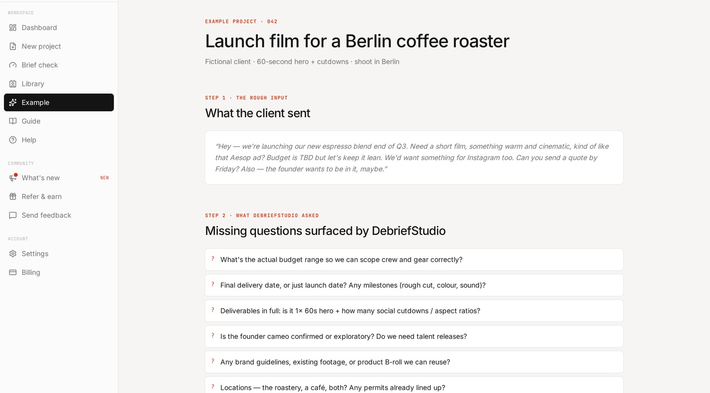 DebriefStudio workspace showing a rough client request and the questions the app surfaced from it