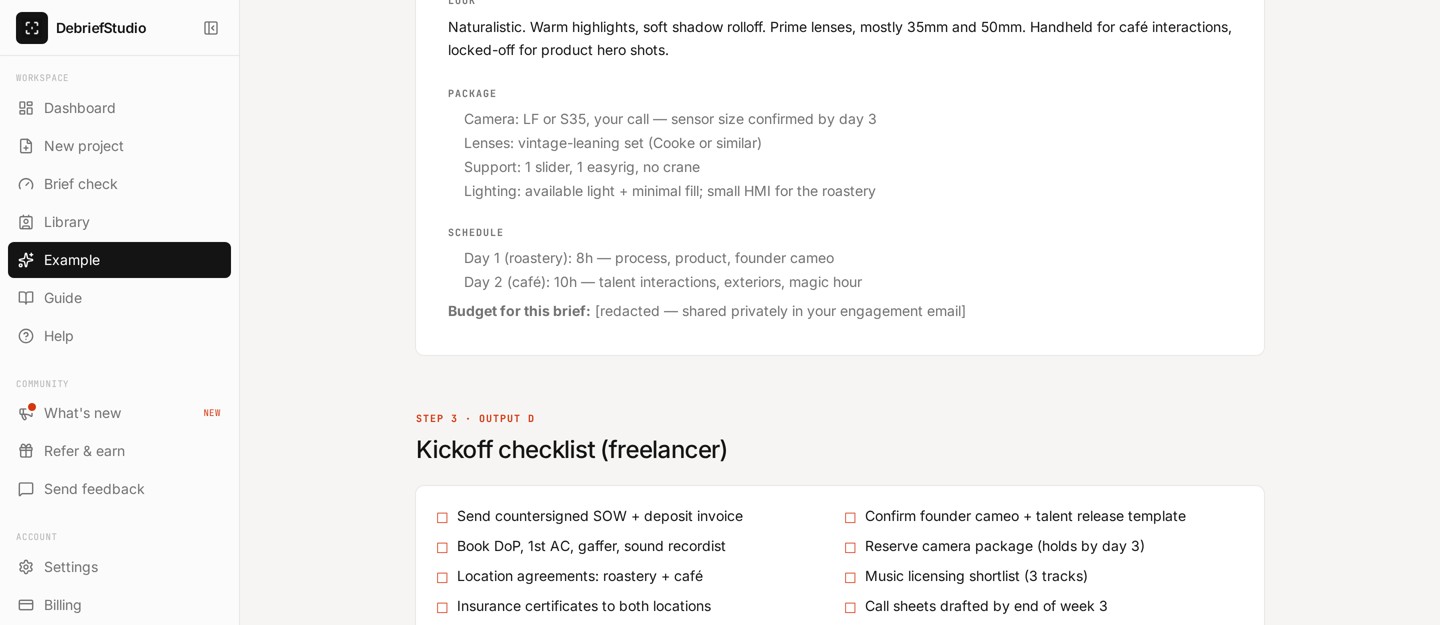 DebriefStudio workspace showing a camera department brief and a freelancer kickoff checklist